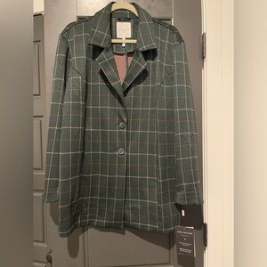 Avec Les Filles Dark Green Plaid Oversized Knit Blazer Size L NWT